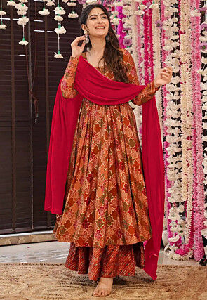 Digital Printed Pure Muslin Silk A Line Suit in Peach and Multicolor