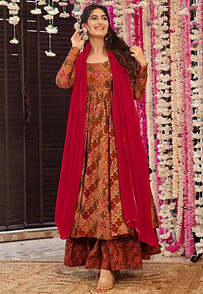 Digital Printed Pure Muslin Silk A Line Suit in Peach and Multicolor