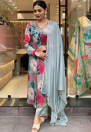 Digital Printed Pure Russian Silk Pakistani Suit in Dusty Blue