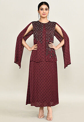 Digital Printed Pure Satin Midi Dress in Maroon
