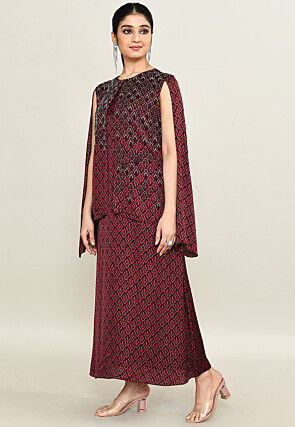 Digital Printed Pure Satin Midi Dress in Maroon