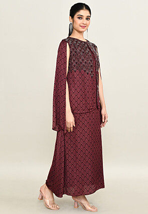 Digital Printed Pure Satin Midi Dress in Maroon