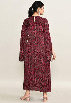 Digital Printed Pure Satin Midi Dress in Maroon