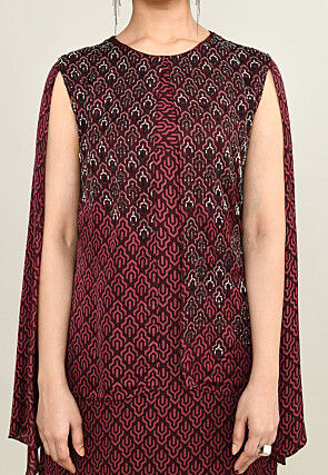 Digital Printed Pure Satin Midi Dress in Maroon
