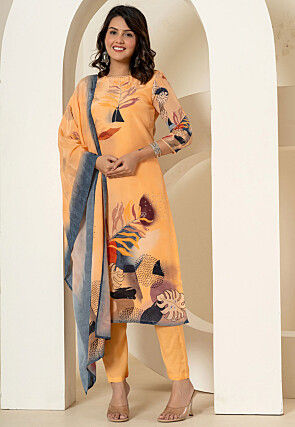 Digital Printed Pure Silk Pakistani Suit in Light Orange