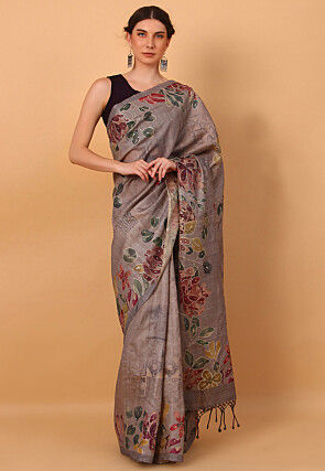 Digital Printed  Pure Tussar Silk Saree in Grey