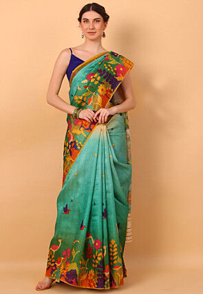 Digital Printed  Pure Tussar Silk Saree in Sea Green