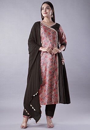Digital Printed Raw Silk Aline Suit in Black and Multicolor