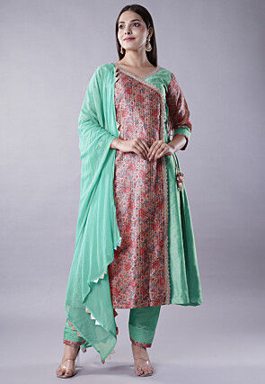 Digital Printed Raw Silk Aline Suit in Sea Green and Multicolor