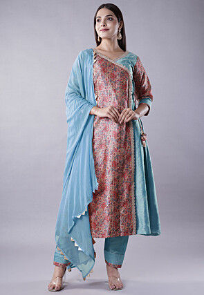 Digital Printed Raw Silk Aline Suit in Sky Blue and Multicolor