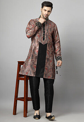 Digital Printed Raw Silk and Art Silk Kurta Set in Multicolor