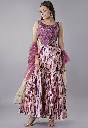 Digital Printed Raw Silk Crop Top Set in Purple