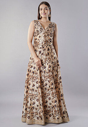 Digital Printed Raw Silk Gown in Beige