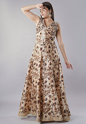 Digital Printed Raw Silk Gown in Beige