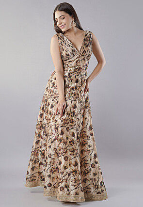 Digital Printed Raw Silk Gown in Beige