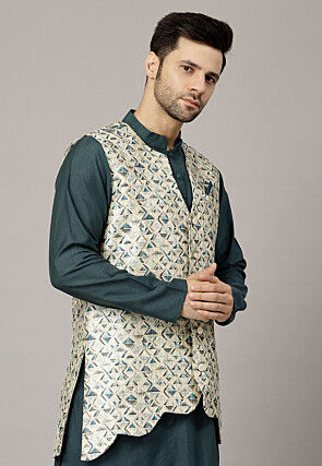 Digital Printed Raw Silk Jacket in Beige