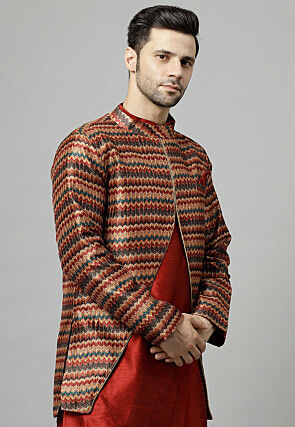 Digital Printed Raw Silk Jacket in Multicolor