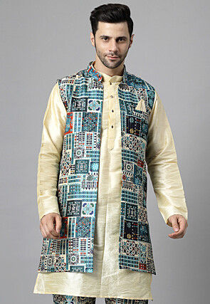 Digital Printed Raw Silk Jacket in Multicolor