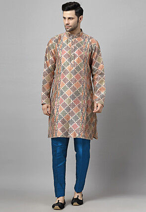Digital Printed Raw Silk Kurta Set in Beige