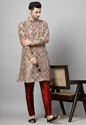 Digital Printed Raw Silk Kurta Set in Beige