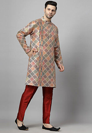 Digital Printed Raw Silk Kurta Set in Beige