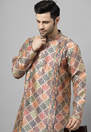 Digital Printed Raw Silk Kurta Set in Beige