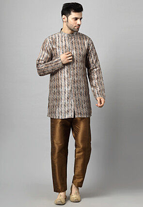 Digital Printed Raw Silk Kurta Set in Brown