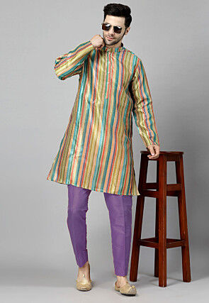 Digital Printed Raw Silk Kurta Set in Multicolor