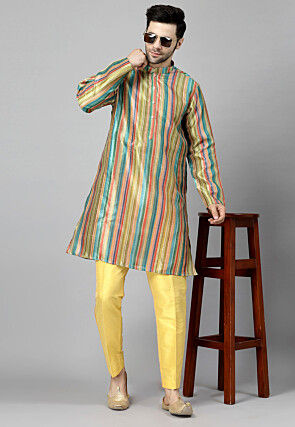 Digital Printed Raw Silk Kurta Set in Multicolor