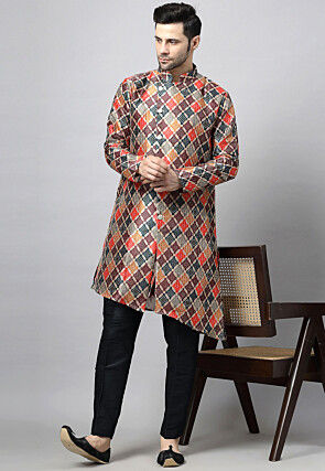 Digital Printed Raw Silk Kurta Set in Multicolor