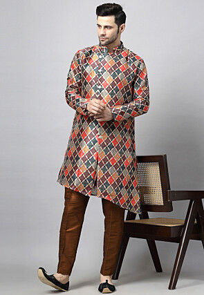 Digital Printed Raw Silk Kurta Set in Multicolor