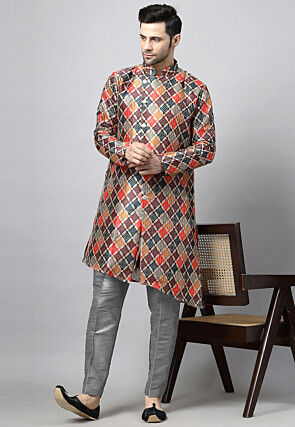 Digital Printed Raw Silk Kurta Set in Multicolor