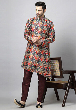 Digital Printed Raw Silk Kurta Set in Multicolor