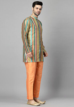 Digital Printed Raw Silk Kurta Set in Multicolor