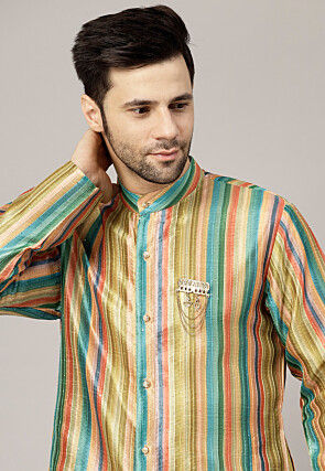 Digital Printed Raw Silk Kurta Set in Multicolor