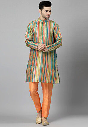 Digital Printed Raw Silk Kurta Set in Multicolor