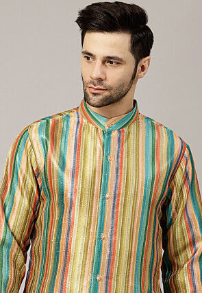 Digital Printed Raw Silk Kurta Set in Multicolor