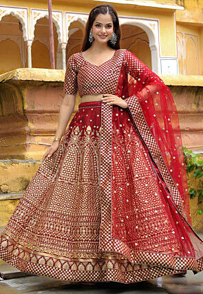 Digital Printed Raw Silk Lehenga in Maroon