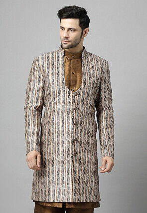 Digital Printed Raw Silk Long Jacket in Multicolor