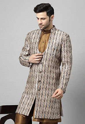 Digital Printed Raw Silk Long Jacket in Multicolor