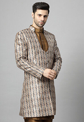 Digital Printed Raw Silk Long Jacket in Multicolor