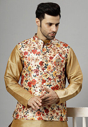 Digital Printed Raw Silk Nehru Jacket in Beige