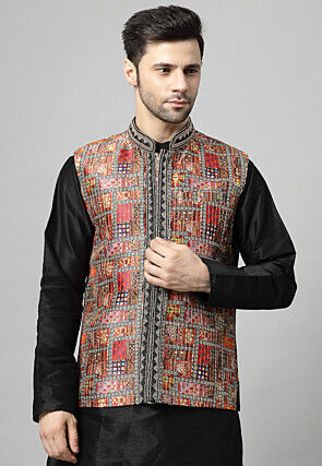 Digital Printed Raw Silk Nehru Jacket in Multicolor