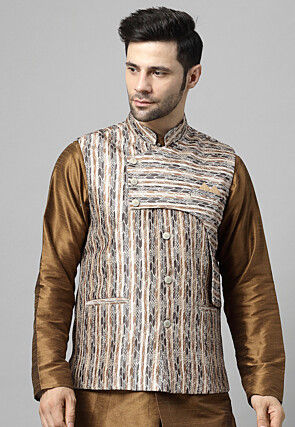 Digital Printed Raw Silk Nehru Jacket in Multicolor