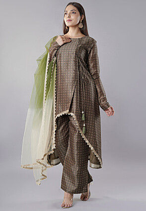 Digital Printed Raw Silk Pakistani  Suit in Dark Green