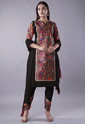 Digital Printed Raw Silk Punjabi Suit in Black and Multicolor