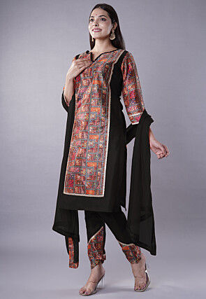 Digital Printed Raw Silk Punjabi Suit in Black and Multicolor