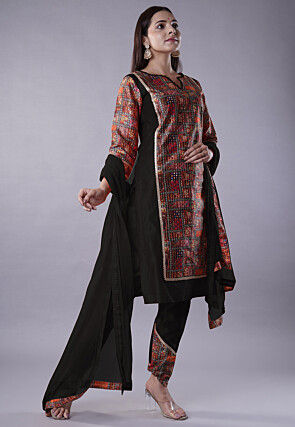 Digital Printed Raw Silk Punjabi Suit in Black and Multicolor