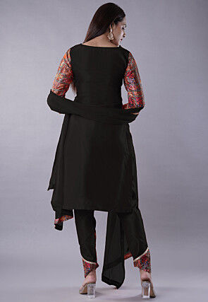 Digital Printed Raw Silk Punjabi Suit in Black and Multicolor