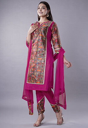Digital Printed Raw Silk Punjabi Suit in Magenta and Multicolor
